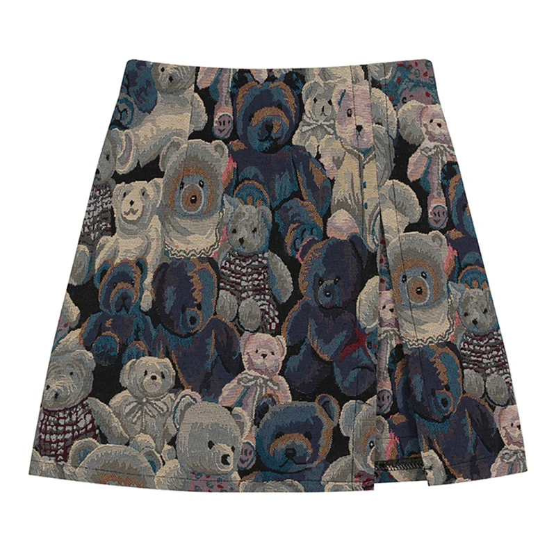 

Women Harajuku Bear Cartoon Kawaii Skirts Korean Style High Waist A-Line Vintage Jacquard Wrap Skater Streetwear Retro Vestidos