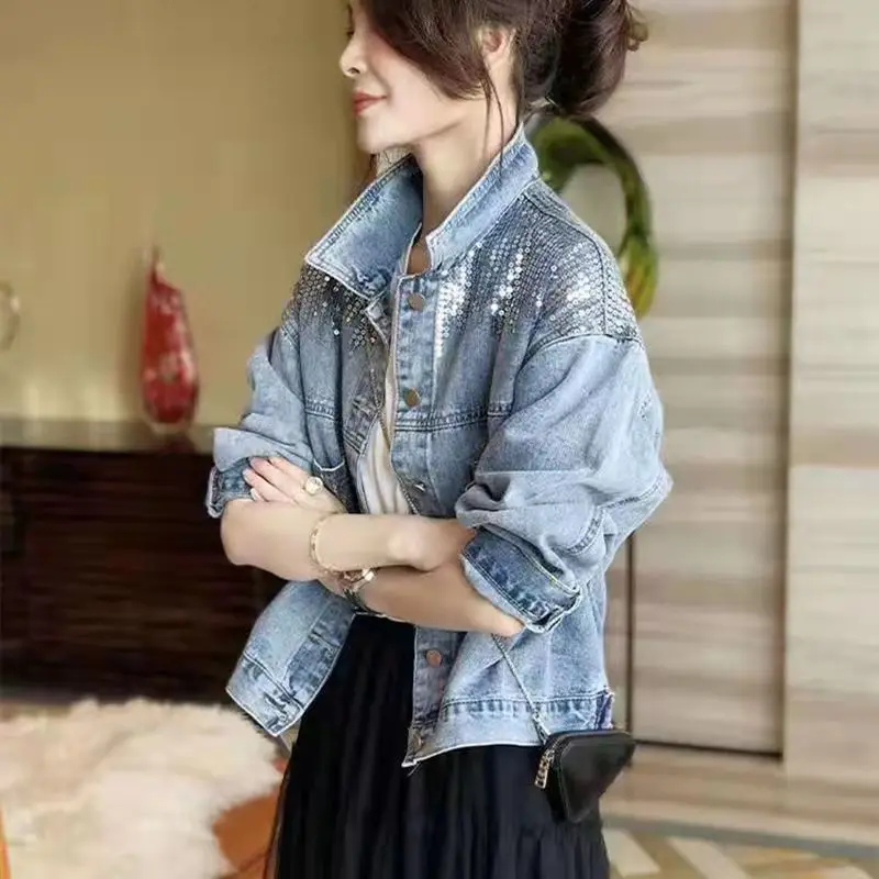 

Куртка женская джинсовая короткая с блестками, модная верхняя одежда для студентов, пальто на осень