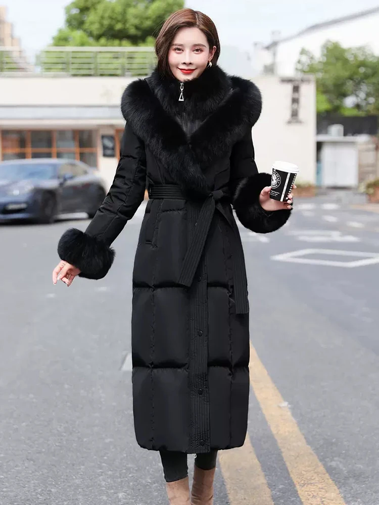 New Women Real Fur Stitching Down Coat Winter Hooded Double Fox Fur Collar Lace-up Belt Slim Thicken Warm Lengthened Down Jacket