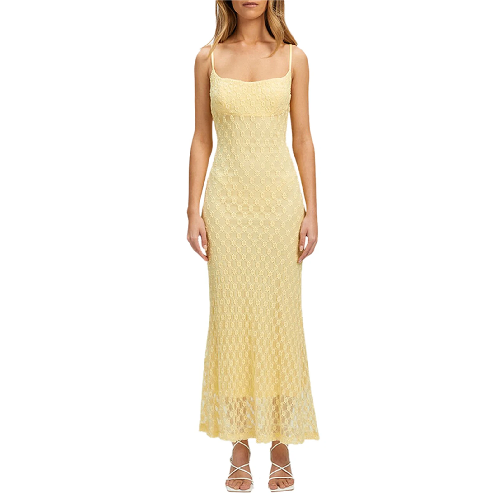 

Women's Bohomian Style Floral Mesh Long Dress Spaghetti Strap Flower Dotte Bodycon Ruffled Beachwear Backless Sundress