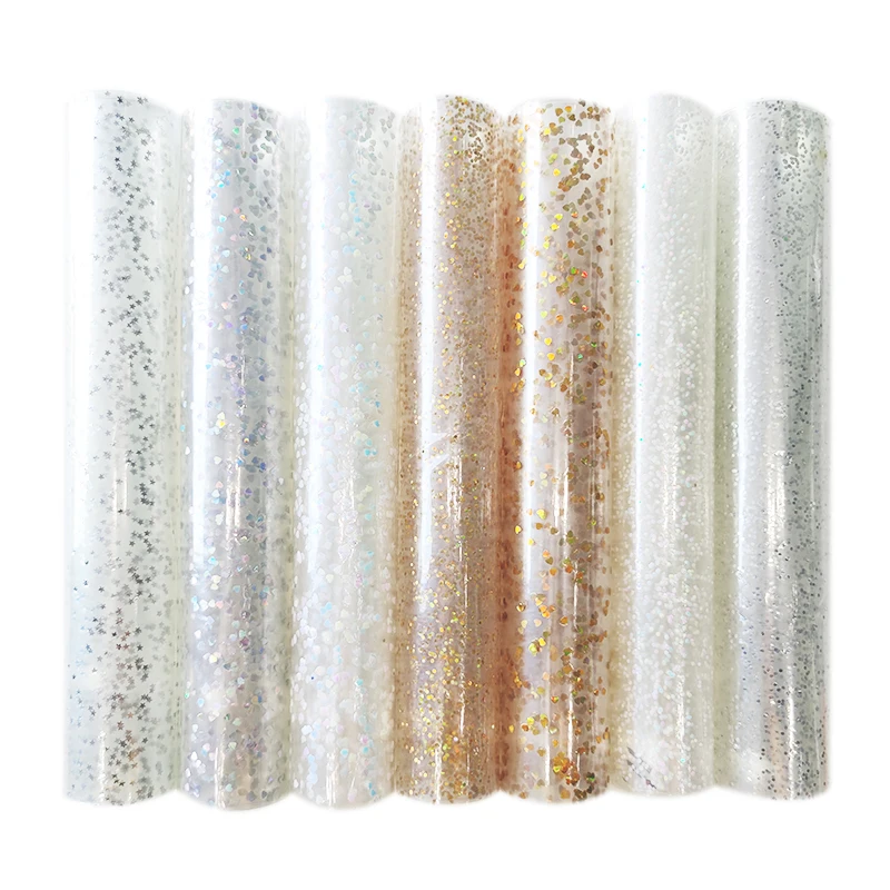

Glitter Transparent PVC Vinyl Film for Decoration Bag DIY Clothing Windbreaker Waterproof Craft Handmade 0.5mm 46*135CM