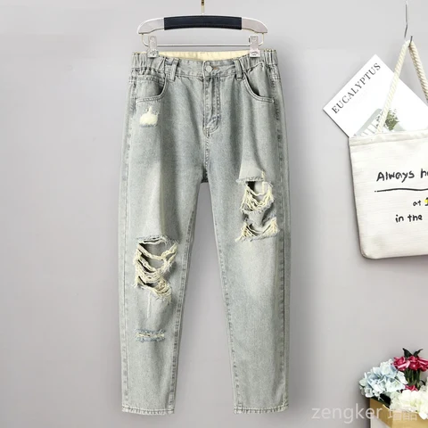 Summer women   plus size old broken hole extra large size jeans girl nine-quarter pants loose thin section 115kg 6xl jeans woman