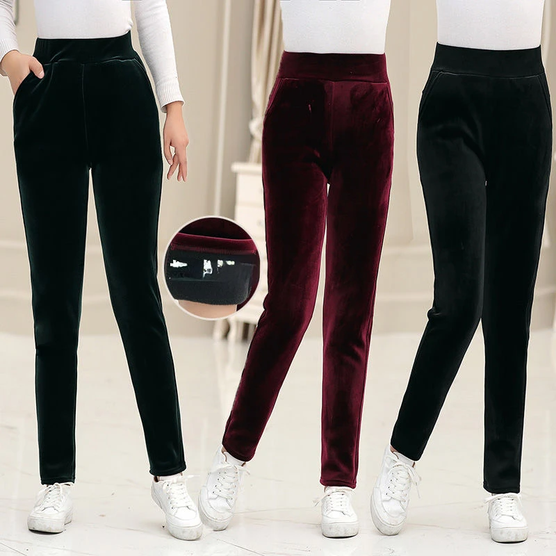 

2022 New Women Warm Straight Pants High Waist Casual Winter Cotton Female Big Trousers Slim Thick Middle-aged Femme Leggings S7