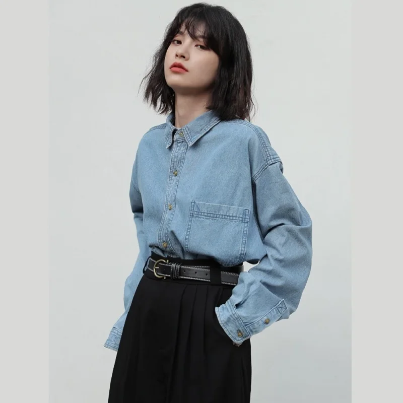 

New Denim Shirt Women's Design Sense Niche Hong Kong Flavor All-match Spring Shirt Long-sleeved Layered Top Loose All-match