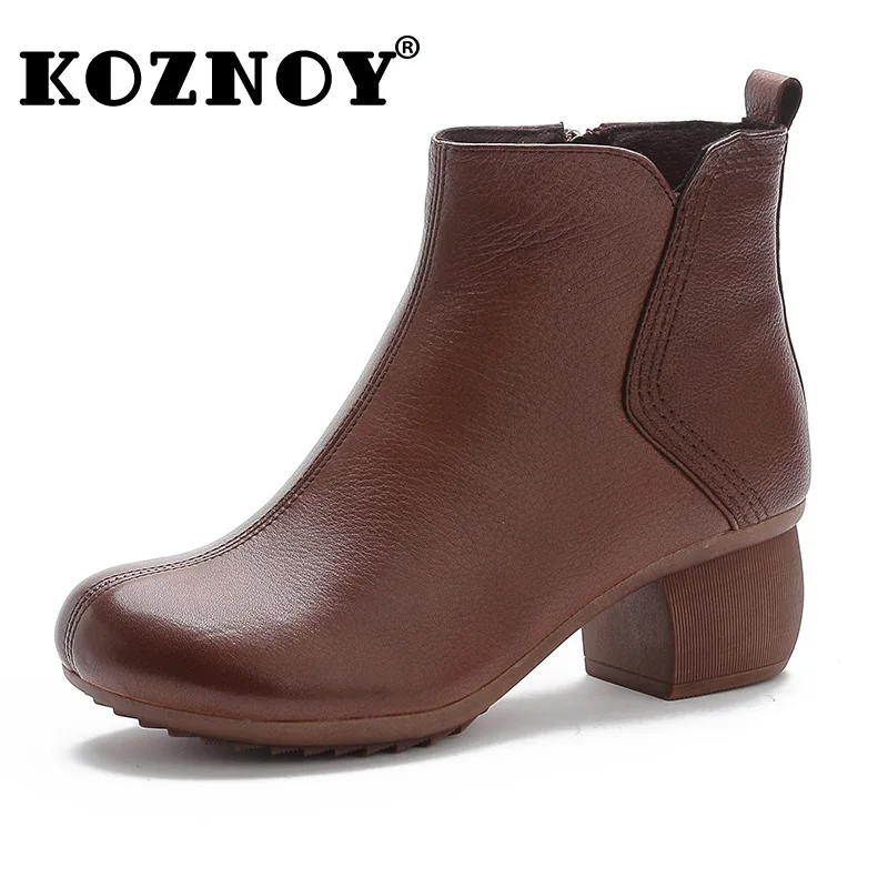 

Koznoy 5cm 2022 Retro Sewing Genuine Leather Mid Calf Boots Ethnic Autumn Winter Comfy Women Plush Ladies Warm Fur Concise Shoes