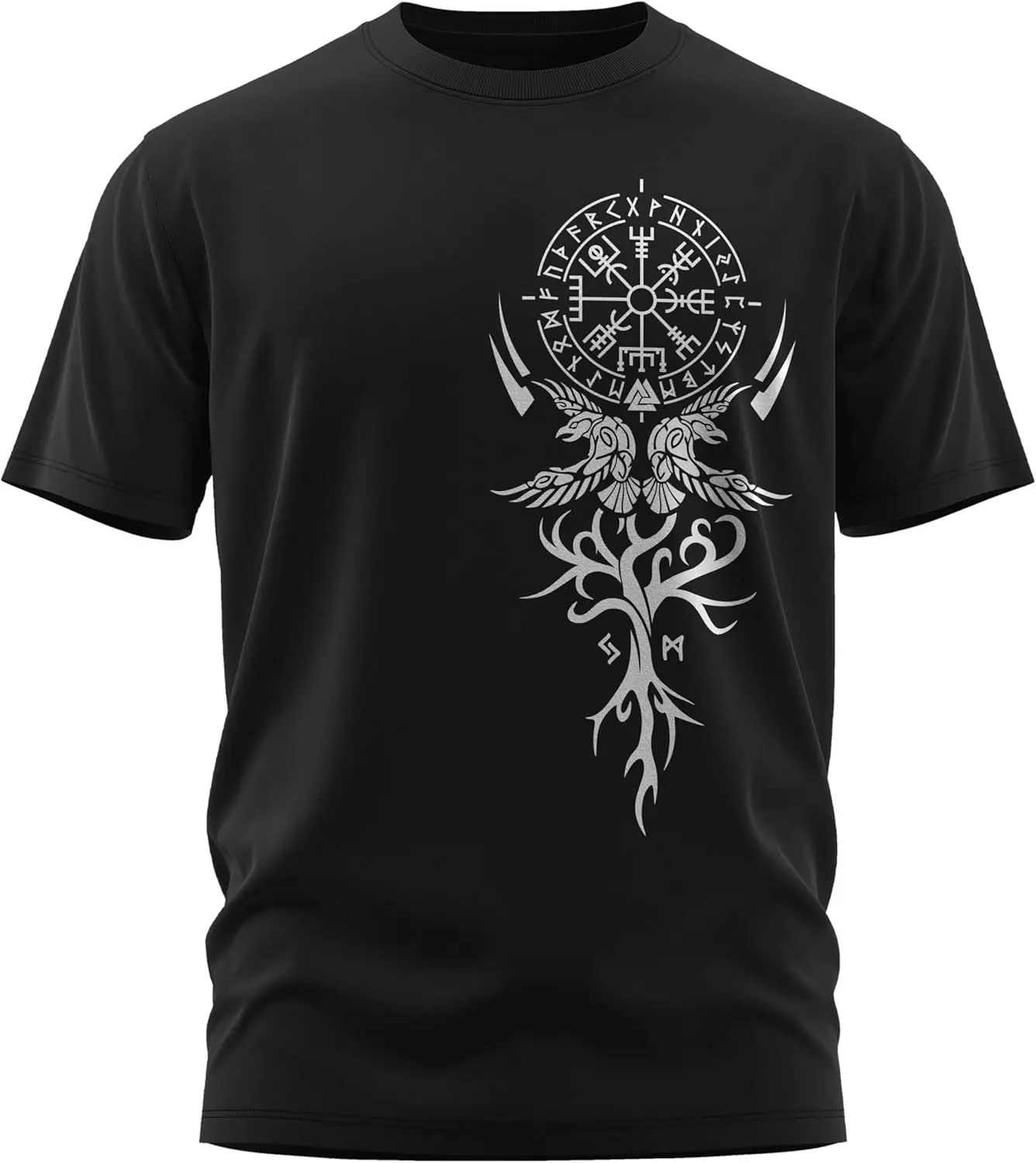Фото Футболка с рунами в скандинавском стиле Odin Ravens Valknut Symbol Compass Vegvisir, 100% хлопок, с круглым вырезом и коротким рукавом, летняя повседневная мужская футболка №1