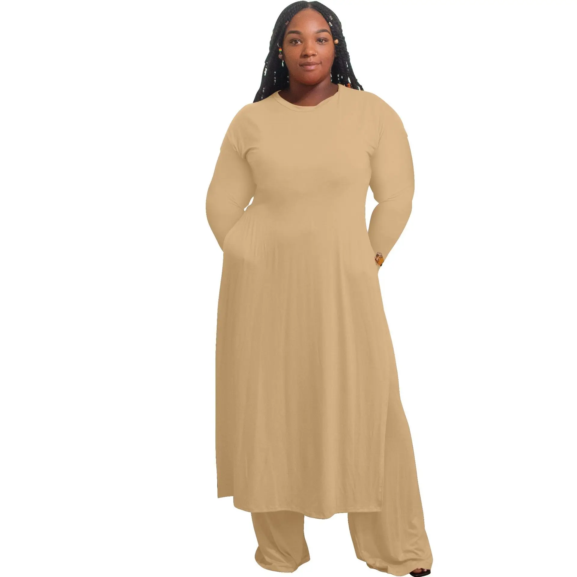 Plus Size Women Clothing Solid Long Sleeve O-Neck Ankle-Length Set of Women's Clothing 2 Pieces Elastic Waist Slim Fit Full