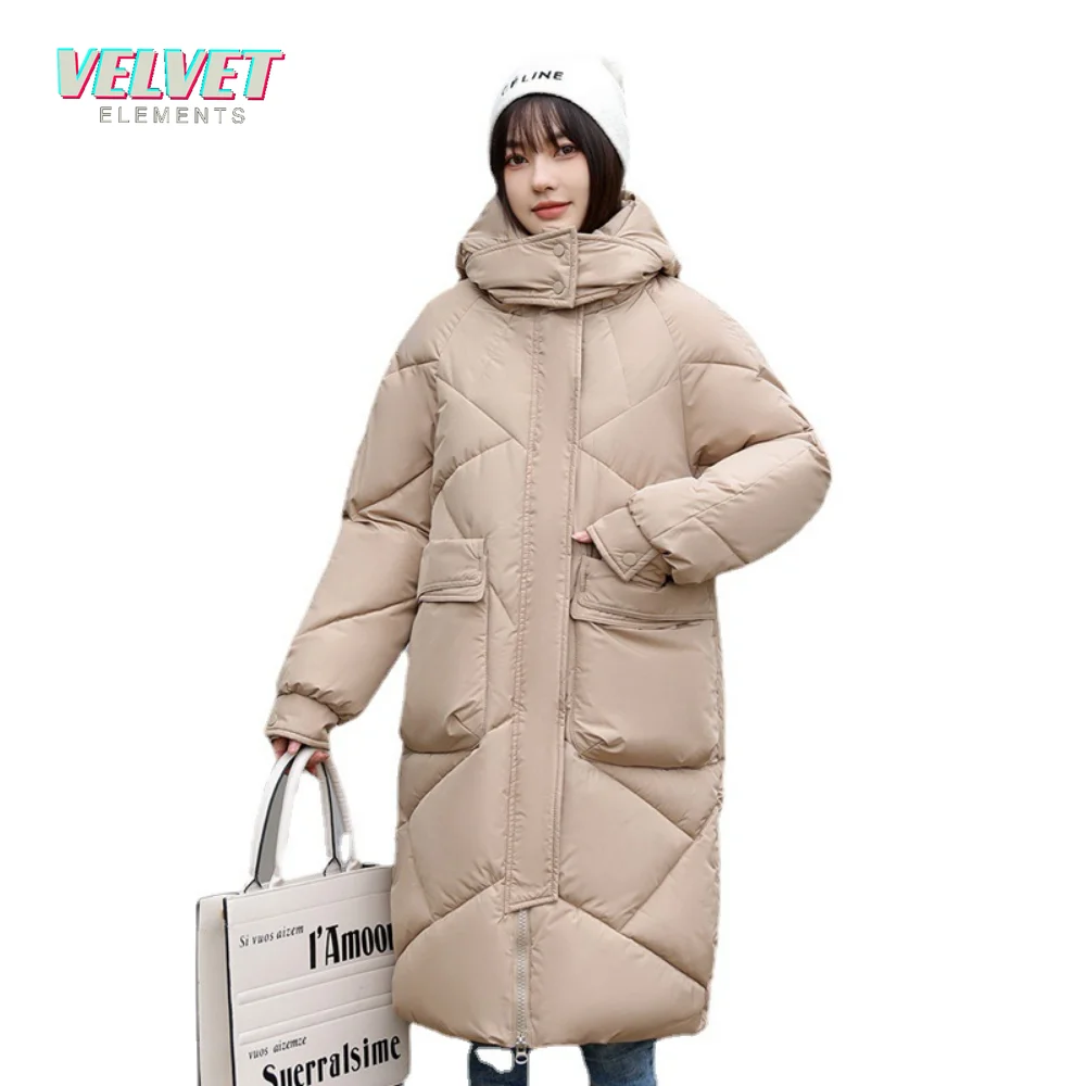 VE 2023 Snow Wear Warm New Solid Winter Coat for Women Down Jacket Warm Casual Loose Hooded Winter Women Jacket Long Parkas
