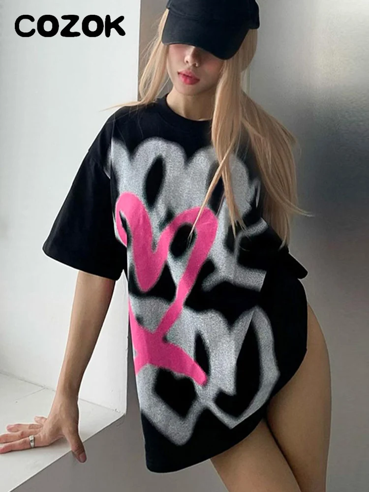 

Cozok 2023 Summer O Neck Y2K Print T Shirts For Women Oversized Fashion Casual Short Sleeve Graphic Black Top Tee Unisex Trendy