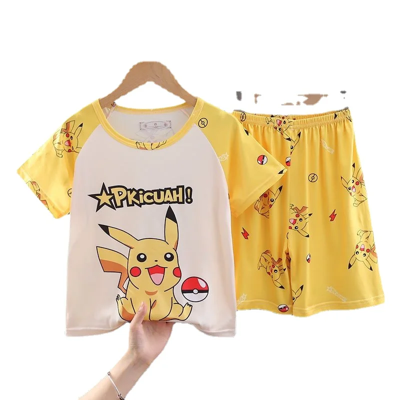 Pokemon Kawaii Children's Short-sleeved Pajamas Thin Section Summer Cartoon Anime Pikachu Around Boys Homewear Set Holiday Gift