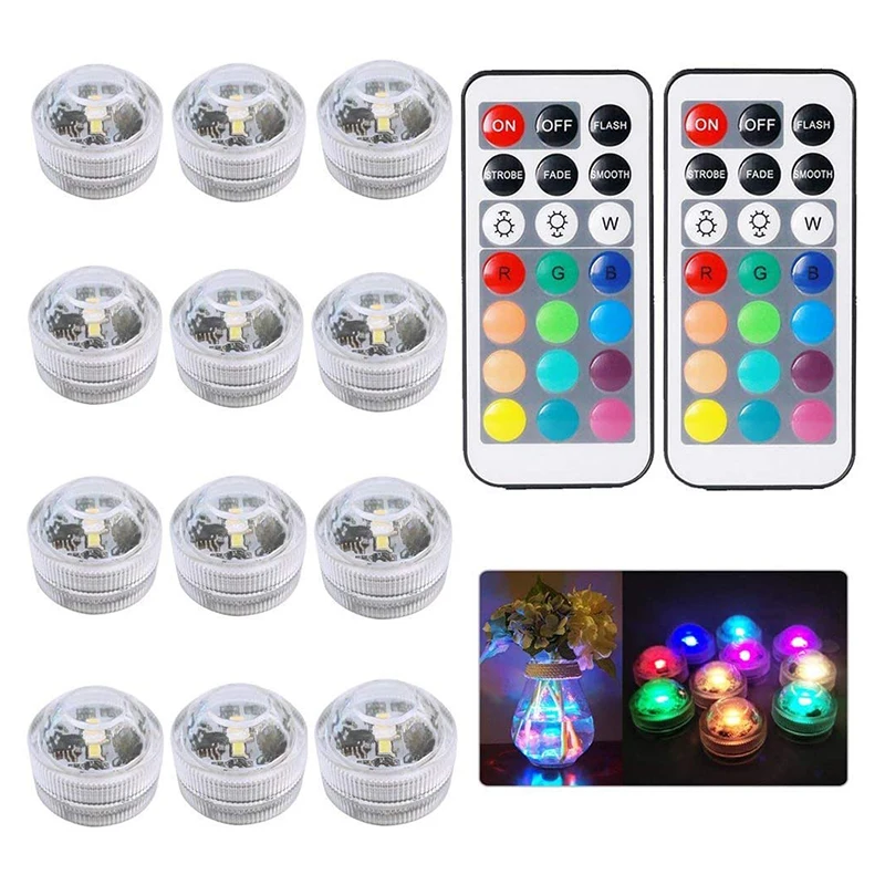 

12 шт. RGB светодиодный погружной светильник с дистанционным управлением, водонепроницаемый светильник для цветочных ВАЗ, украшение для свад...