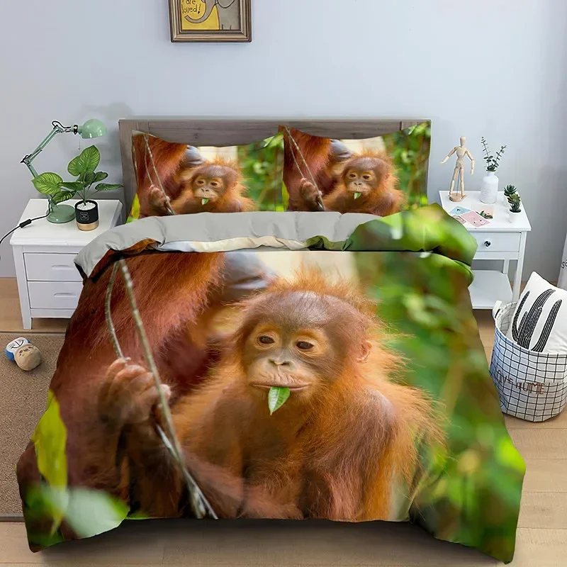 Orangutan Duvet Cover King Queen Size Cute Monkey Bedding Set Palm Leaves Tropical Botanical Polyester Comforter for Adult