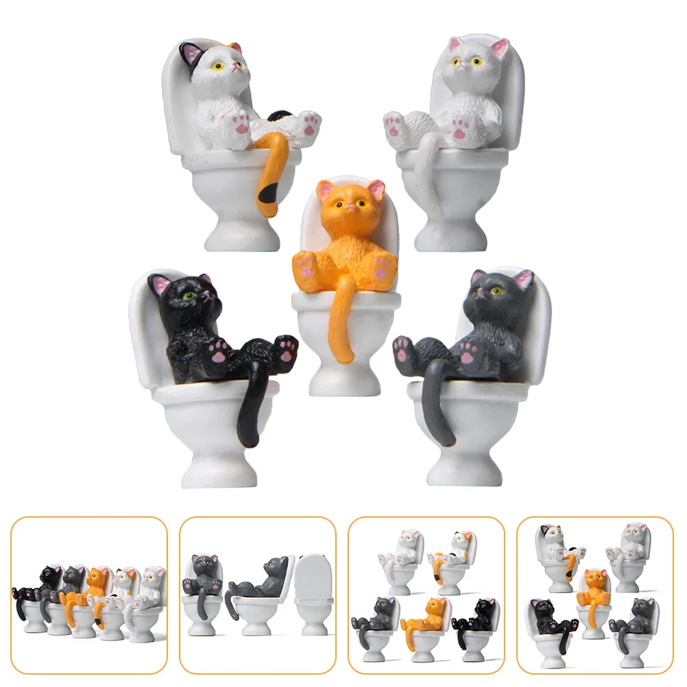 

5 Pcs Toilet Cat Home Accessory Desktop Decor Cartoon Statue Cupcake Container Animal Ornament Pvc Child Mini Terrarium