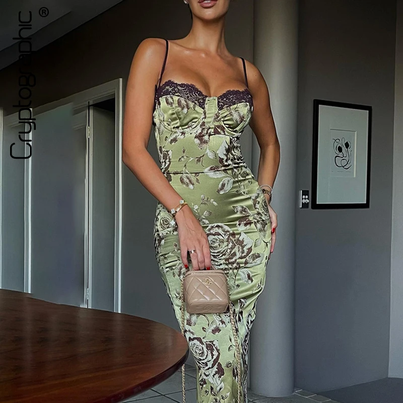 

Cryptographic Fashion Lace Sleeveless Slip Midi Dress Summer Outfits for Women Sexy Backless Club Party Floral Print Dresses New