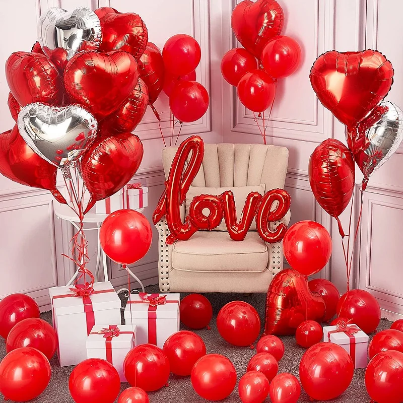 

Foil 18" Heart Shaped Red and Silver Balloons LOVE Red Giant Balloons for Valentine's Confession Bridal Shower Decoration