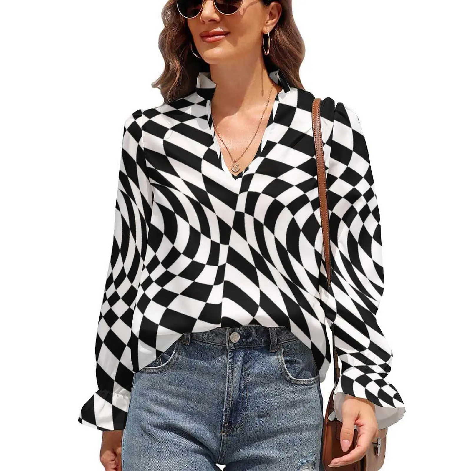 

Abstract Striped Blouse Summer Black And White Geometric Korean Fashion Chiffon Blouses V Neck Graphic Shirt Lady Trendy Clothes