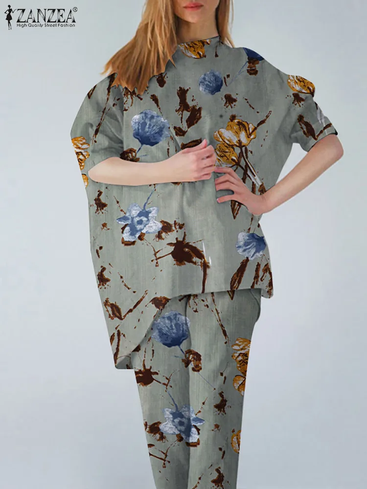 

ZANZEA 2022 Women Matching Sets Kaftan Printed Tracksuits 3/4 Sleeve Blouses Casual Pants Female Floral Outifits Oversized 2PCS