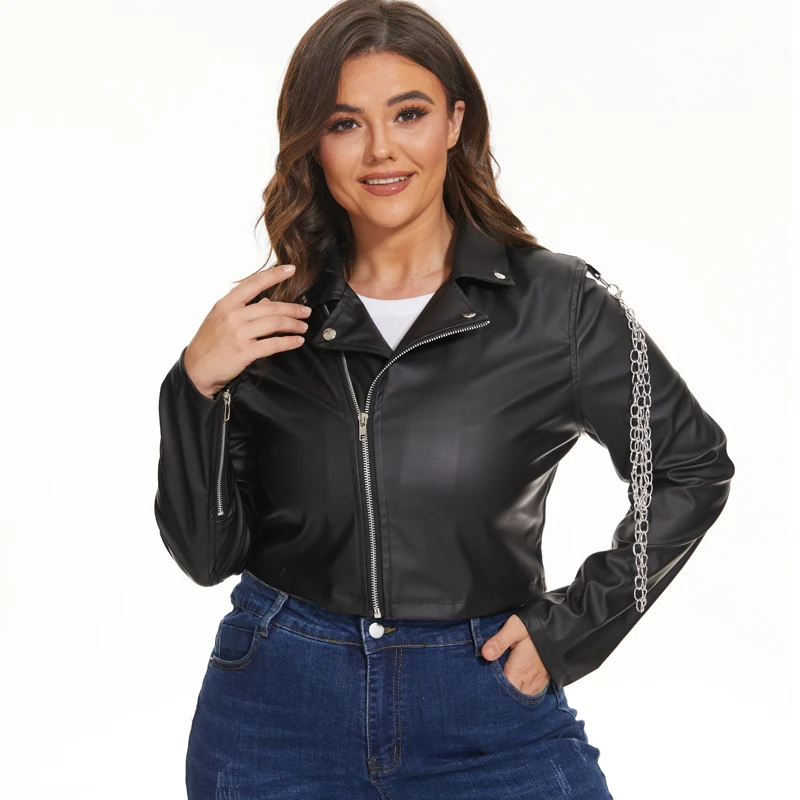Куртка женская из искусственной кожи с длинным рукавом и цепочками - купить по
