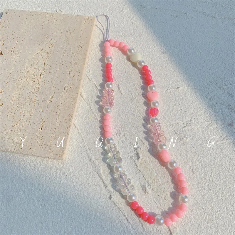 

Cute Bear Beaded Mobile Phone Chain Girl Pink Love Beads Chain CellPhone Pendant Charm Anti-Lost Lanyard For Phone Women Jewelry