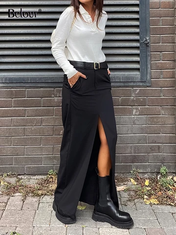 Bclout Elegant Slit Long Skirts Women 2023 Summer Office Lady Solid Sexy Straight Skirts Fashion Cotton Party Slit Black Skirts