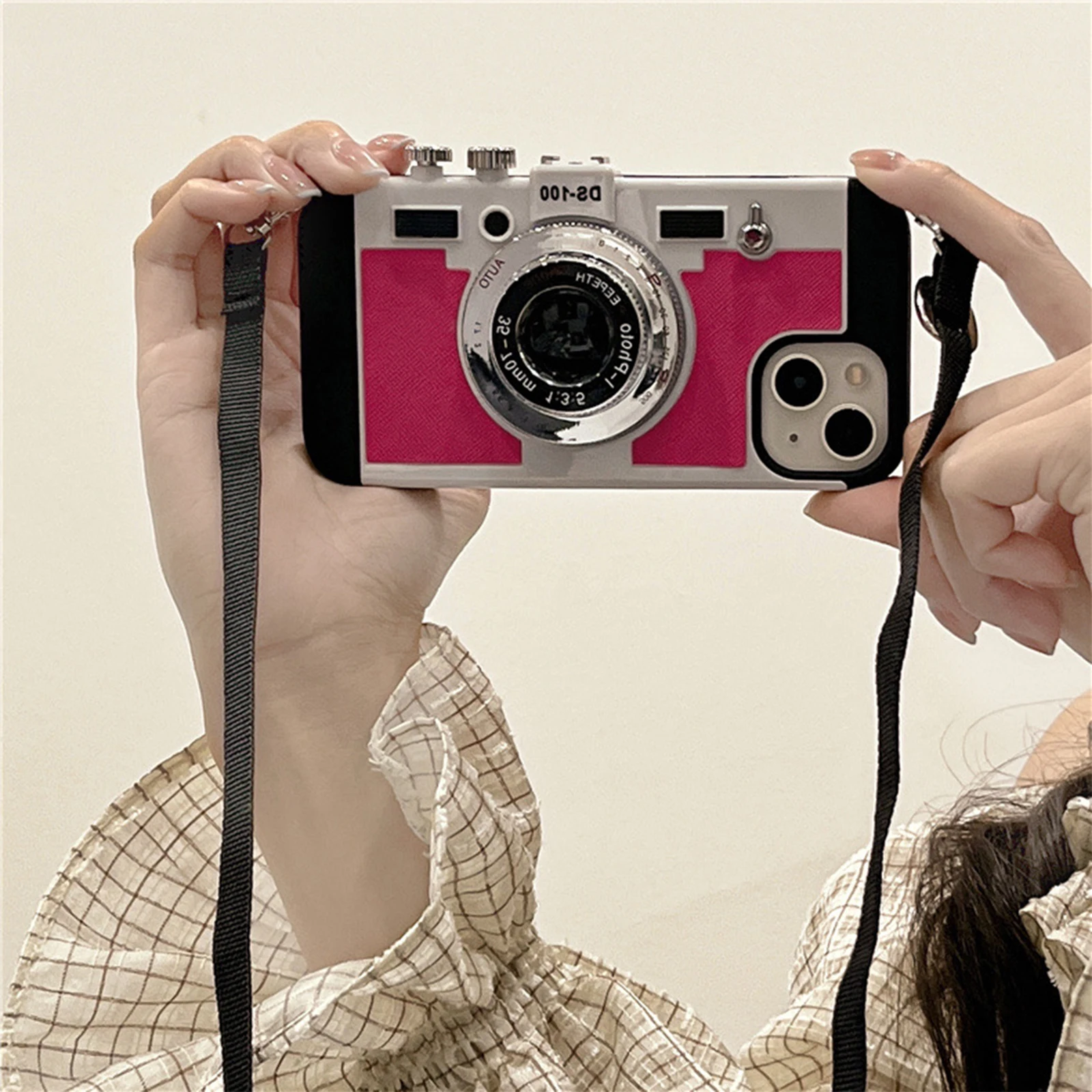 Retro Camera Phone Case for iPhone 14 Pro Max Plus 5G Soft TPU Case with Lanyard Shockproof Phone Case Protection Cover