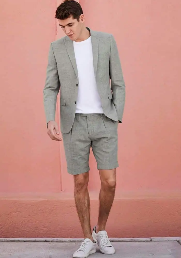 

2022 Latest Design Grey Casual Summer Vibe Suit For Men High Street 2 Pieces Wedding Groomsman Blazer Set With Short Suit Pants