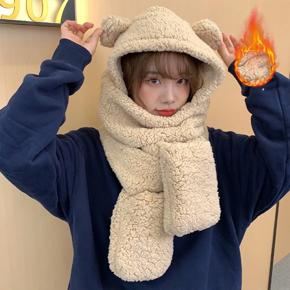 

Cute Bear Ear Hat Scarf Gloves Set Warm Casual Plush Fleece Caps Novelty Women Winter Windproof Hats Girl Casual Accessories