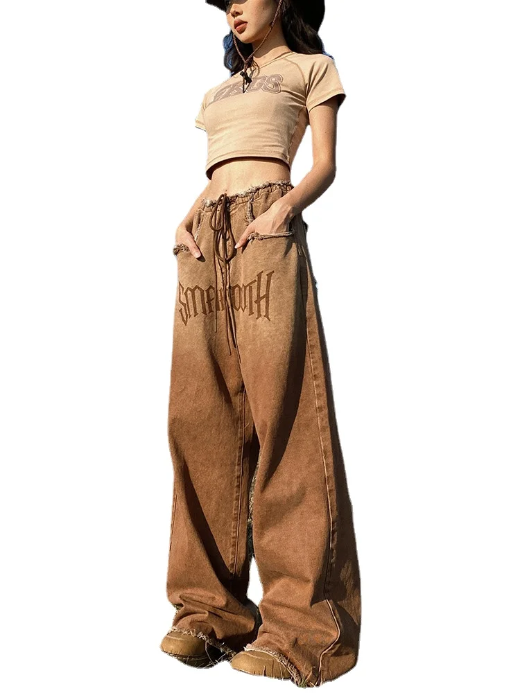 Retro Frayed Design Straight Jeans Women's Slimming Mop Trousers Brown Wide-Leg Pants