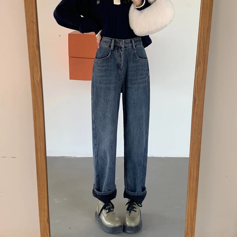 

DD1072 Straight Leg Jeans Women's New Rolled Loose Retro Wide Leg Pants Jeans