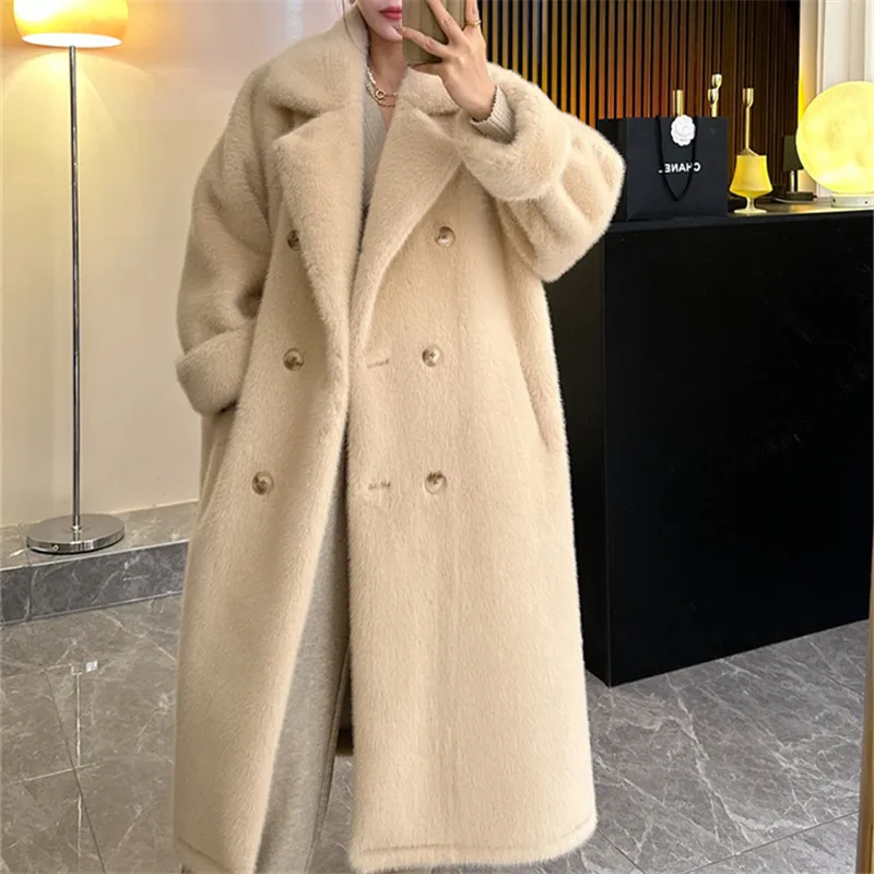 

Winter Thick Warm Long Double Faced Fur Jacket Women Loose Casual Overcoat Fashion Solid Color Big Pocket Lamb Fur Coat Female