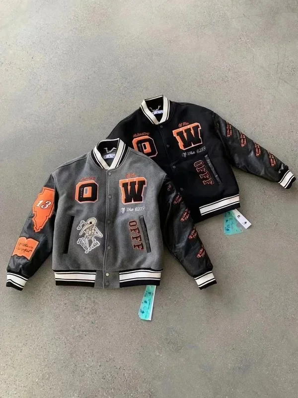 

OFF WHITE Autumn and winter heavy industry embroidery leather down cotton male and female couples baseball uniform Sweatshirt