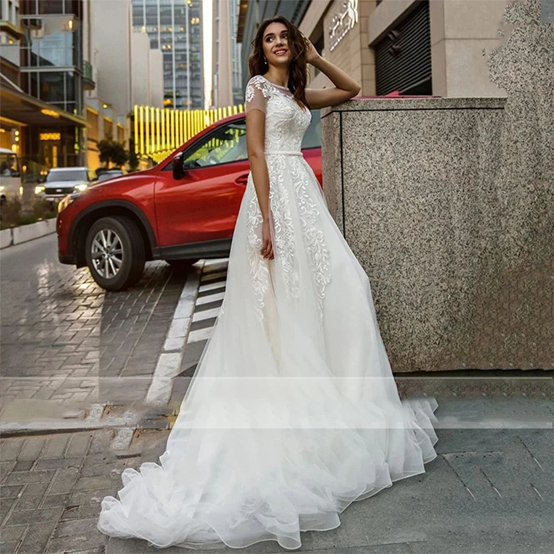 

LUOJO Boho Wedding Dress A-line O-neck Short Sleeves Appliques ButtonsTea Length Bridal Gown For Elegnat Women Vestidos De Novia