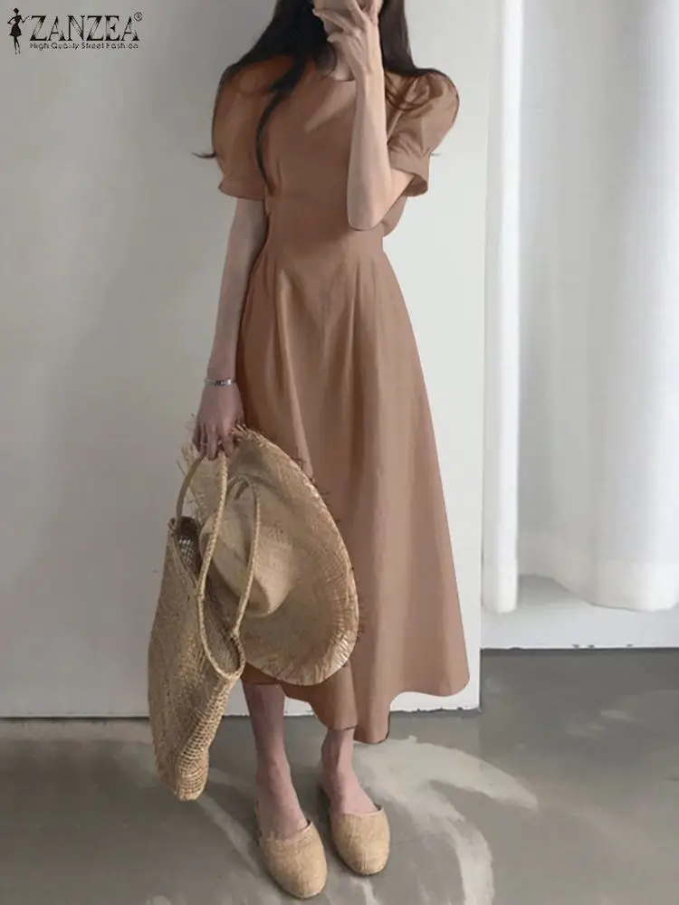 

Elegant Short Sleeve Sundress ZANZEA Summer Women Party Mid-calf Dress Casual Fashion Solid A-line Holiday Vestido Robe Femme