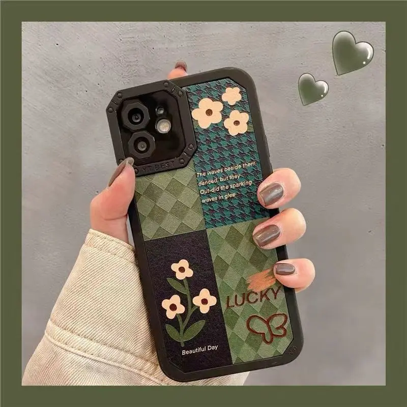 

INS patchwork dark green flowers phone case for iPhone 13 12 11 pro X XS XR Max Drop-resistant camera protection shell