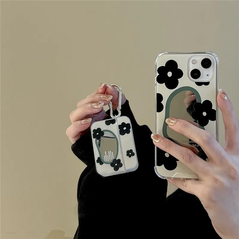 

New Fashion Mirror Black Flower Female For Airpods Case Hard Cover For Airpods Pro 3 2 1 Earphone Case Headphone Case Protective