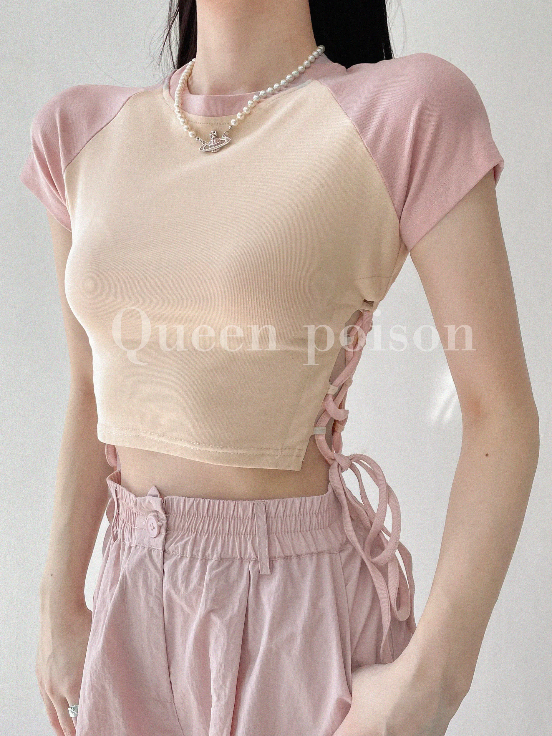 Модная женская футболка TVVOVVININS с коротким рукавом реглан открытая пушистая талия