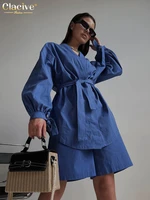 clacive fashion blue cotton shorts set casual loose high waist shorts suit streetwear lace up robes 2 piece sets womens outfits
