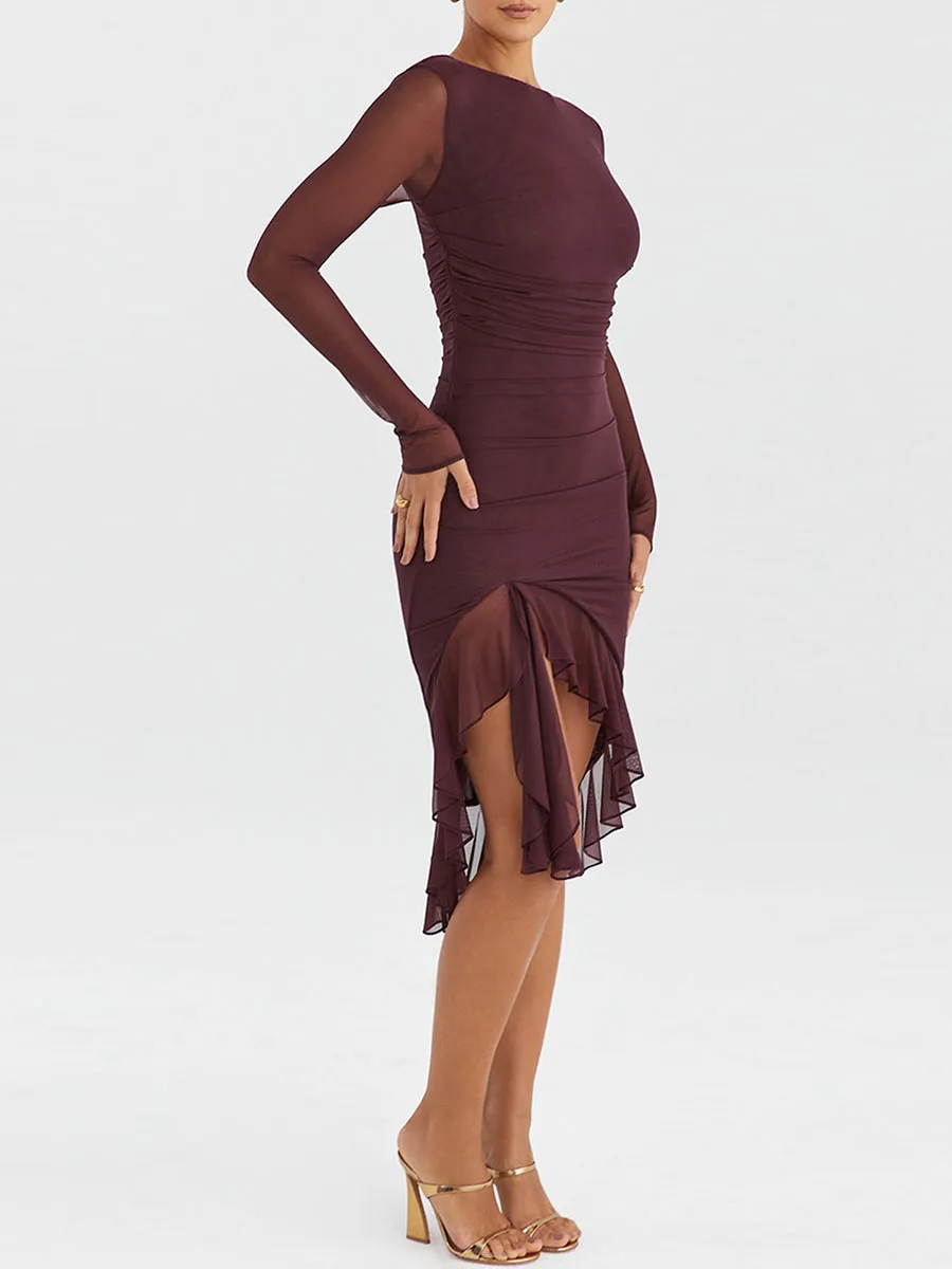 Женское облегающее однотонное платье миди с оборками и длинным рукавом весеннее