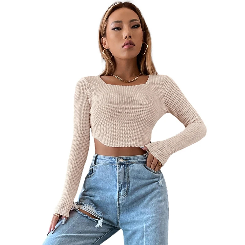 

Fashion Long Sleeve Asymmetry Tshirts Woman Thin Fitted Slim Sweaters Knitted Hellow Pullover Women Spring Autumn Winter Tops