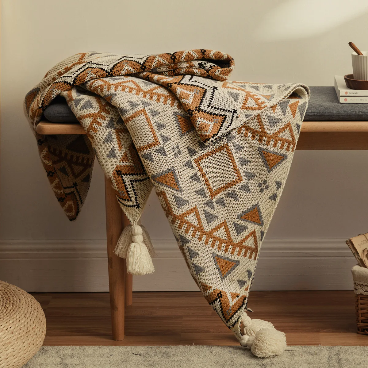 

Boho Blanket Knitted Tassel Brown Throw Blankets Lightweight Vintage Tan Blanket for Sofa Couch Bed All Seasons (50x60 Inch)