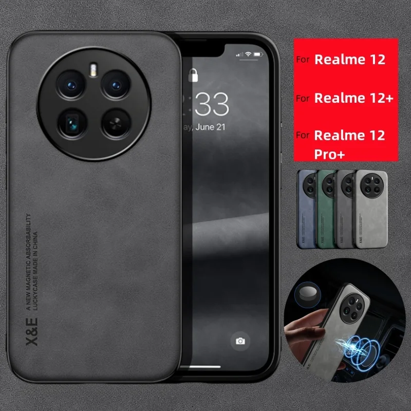 do Realme 12 Pro Plus Etui Samochodowe Magnetyczny Uchwyt Skórzany Pokrowiec Do Pro+ Realmi 12+ Realme12 Silicone Protect Coque