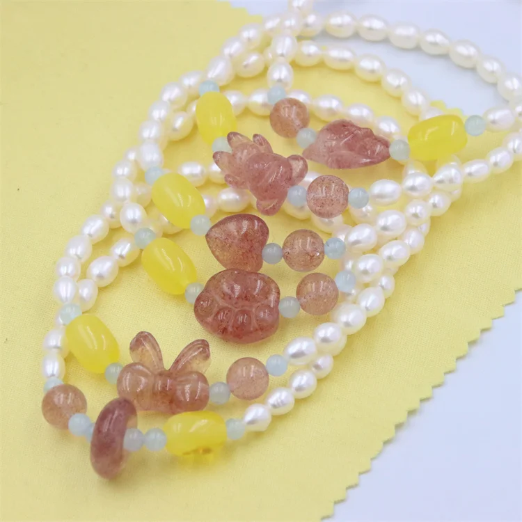 

Natural Stone Fashion Aquamarine Strawberry Quartz Heart Paw Bowknot Waterfresh Pearl Elastic Rope Bracelets 1Circle For Women