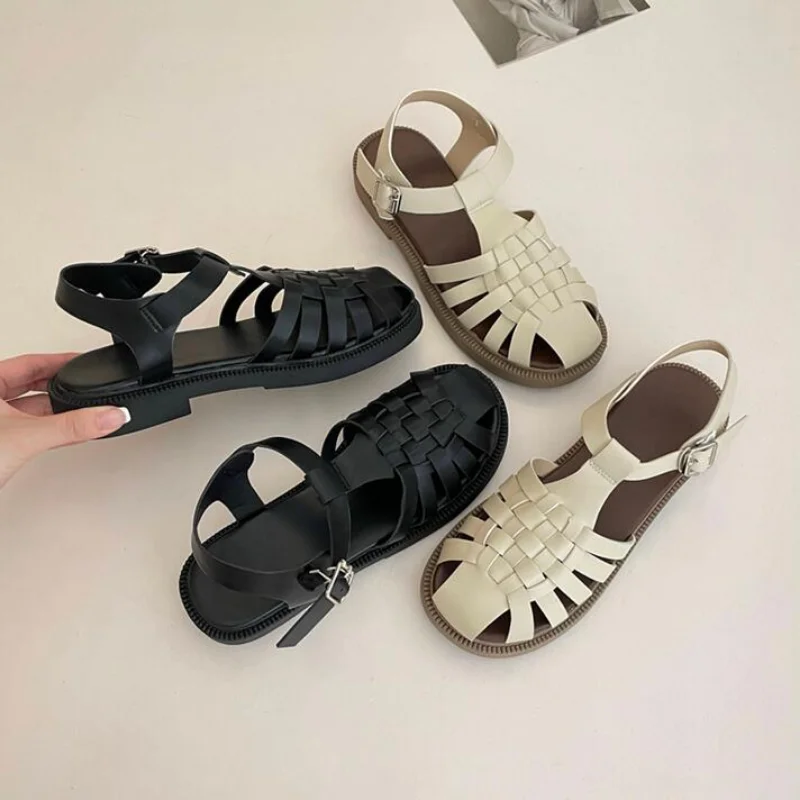 

Сандалии женские с круглым носком, удобная Пляжная обувь в японском стиле, гладиаторы, дышащие туфли на плоской подошве с закрытым носком