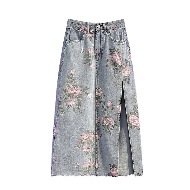 

High-End Denim Printing Female Skirt Spring Summer New 2022 Retro Wild Thin Split Fat Sister Hip Wrap Women's Midi Elegant Skirt