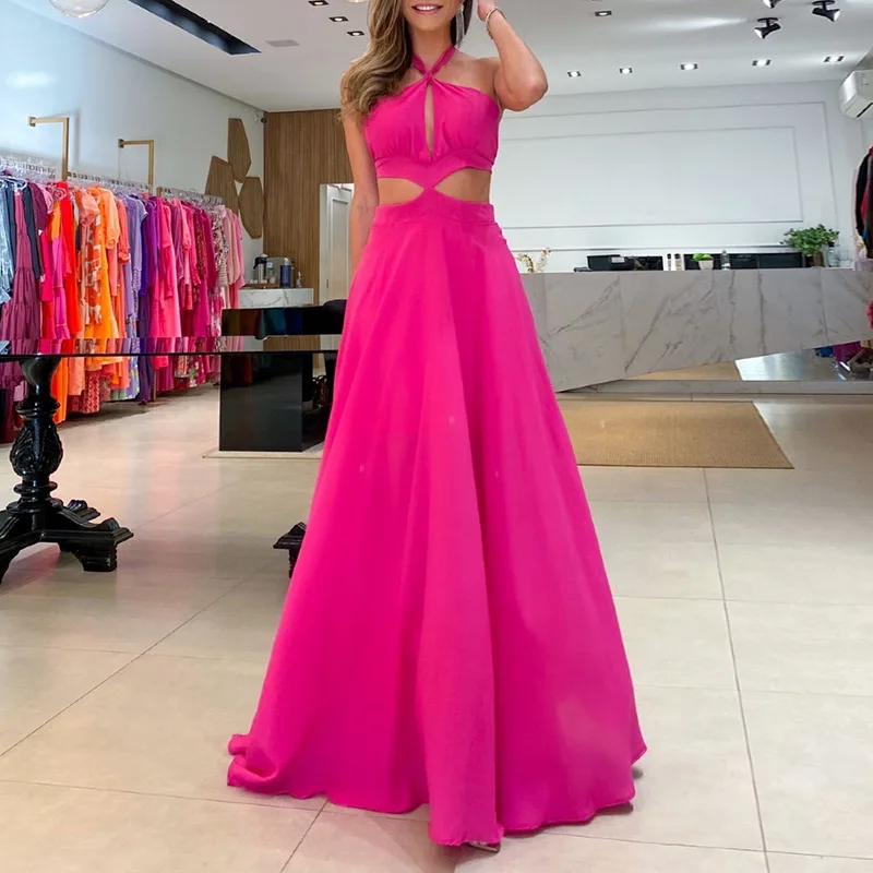 

Summer Sexy Halter Backless Maxi Dress Elegant Woman Hollow Out Party Dress Princess Dress