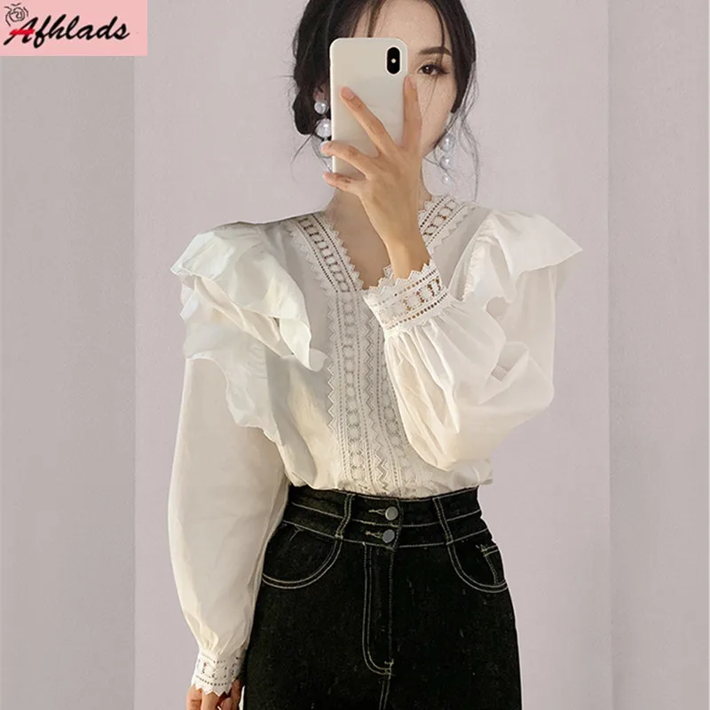 

Женская кружевная блузка с V-образным вырезом, длинным рукавом