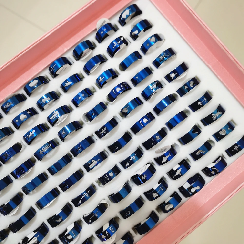 

50PCS Wholesale Blue Color Stainless Steel Fashion Finger Ring Man Women Random Stylish Laser Cutting Punk Design Jewelry Gifts