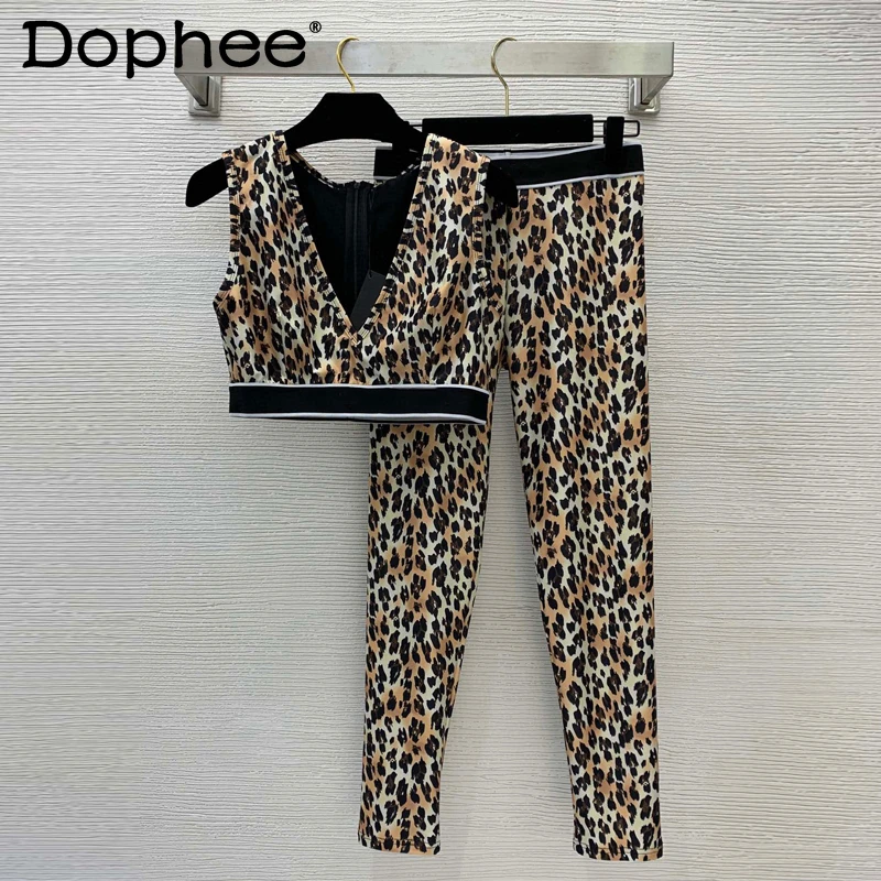 

Summer New Satin V-Neck Sleeveless Leopard Print Trousers Suit Women's Fashion SexyStretch HighWaistEmbroideredCasualSports Suit
