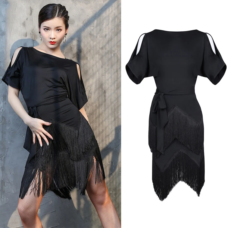 

Новинка, женское платье для латиноамериканских танцев с рукавом летучая мышь, черное платье с бахромой, танцевальный костюм для взрослых XS5833