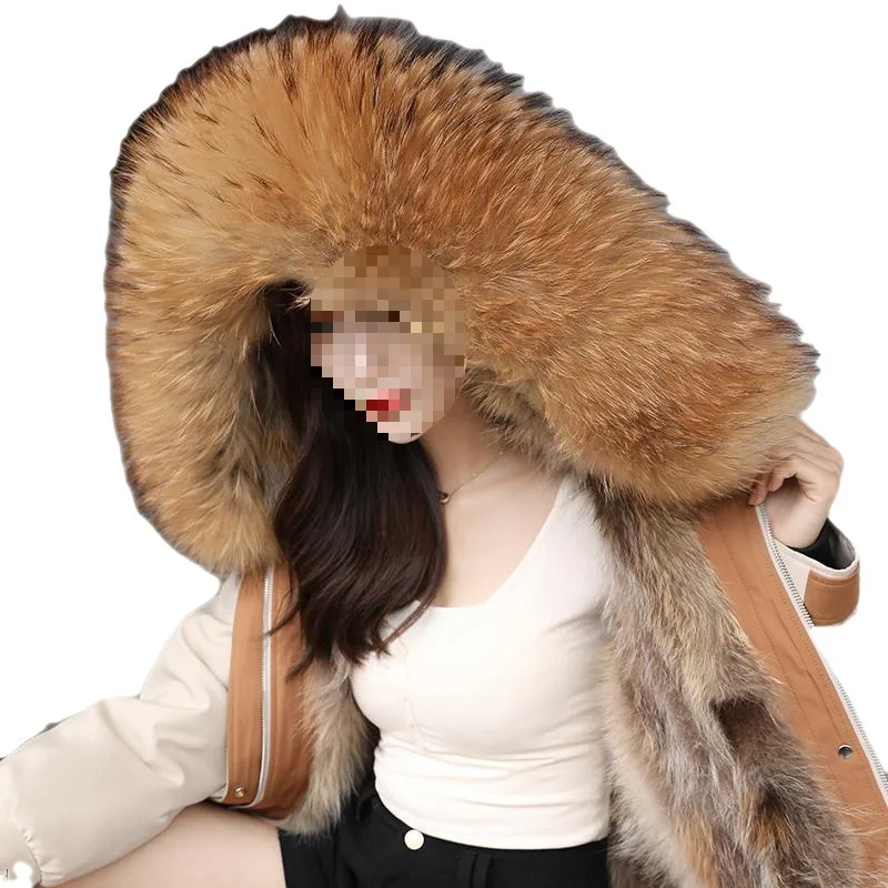 Lady warm winter coat natural raccoon fur collar noble and smart luckyParkaLighter and warmer than rabbit hair